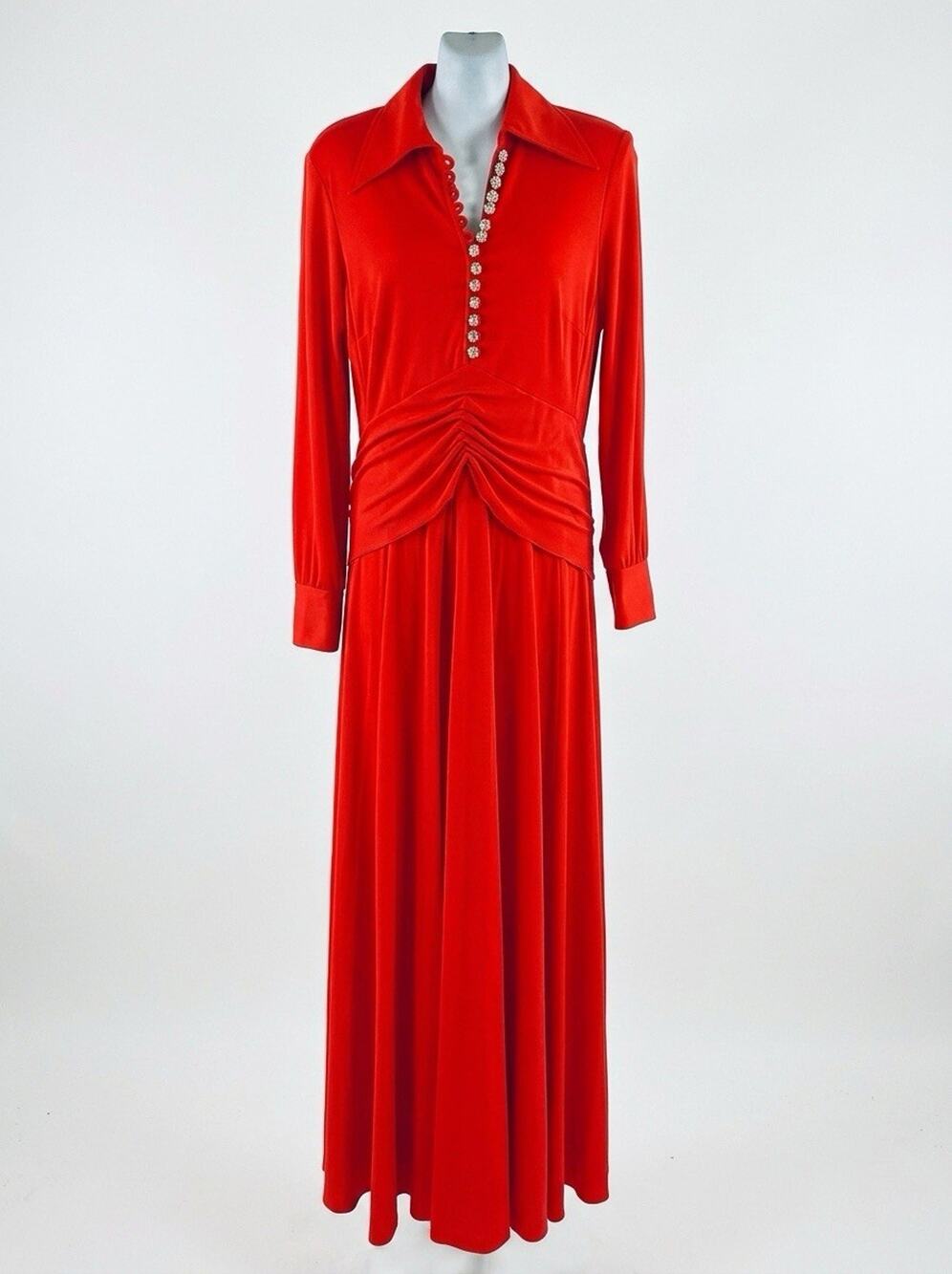 Vtg 70s Lillie Rubin Collection 700 Red Maxi Gown Rhinestone Buttons Small